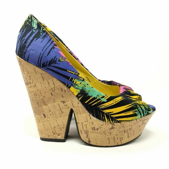 Ribbon Multicolour Chunky Platform Block Heels Shoes UK 5 EU 38 Peep Toe - Picture 5 of 8